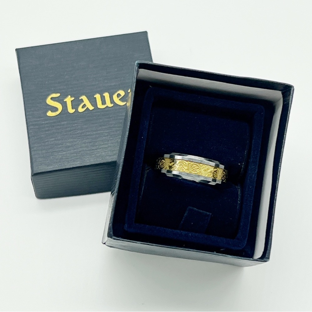STAUER MEN'S RING BAND TUNGSTEN GOLD TONE CELTIC PATTERN DRAGONS HEAD Sz.10  Box